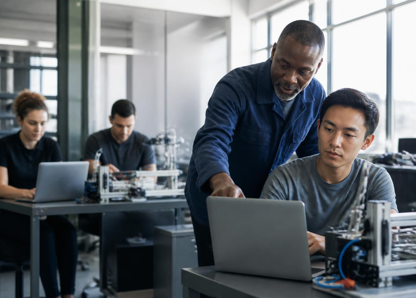 A mentor guiding adult learners at workstations in a bright technical training studio