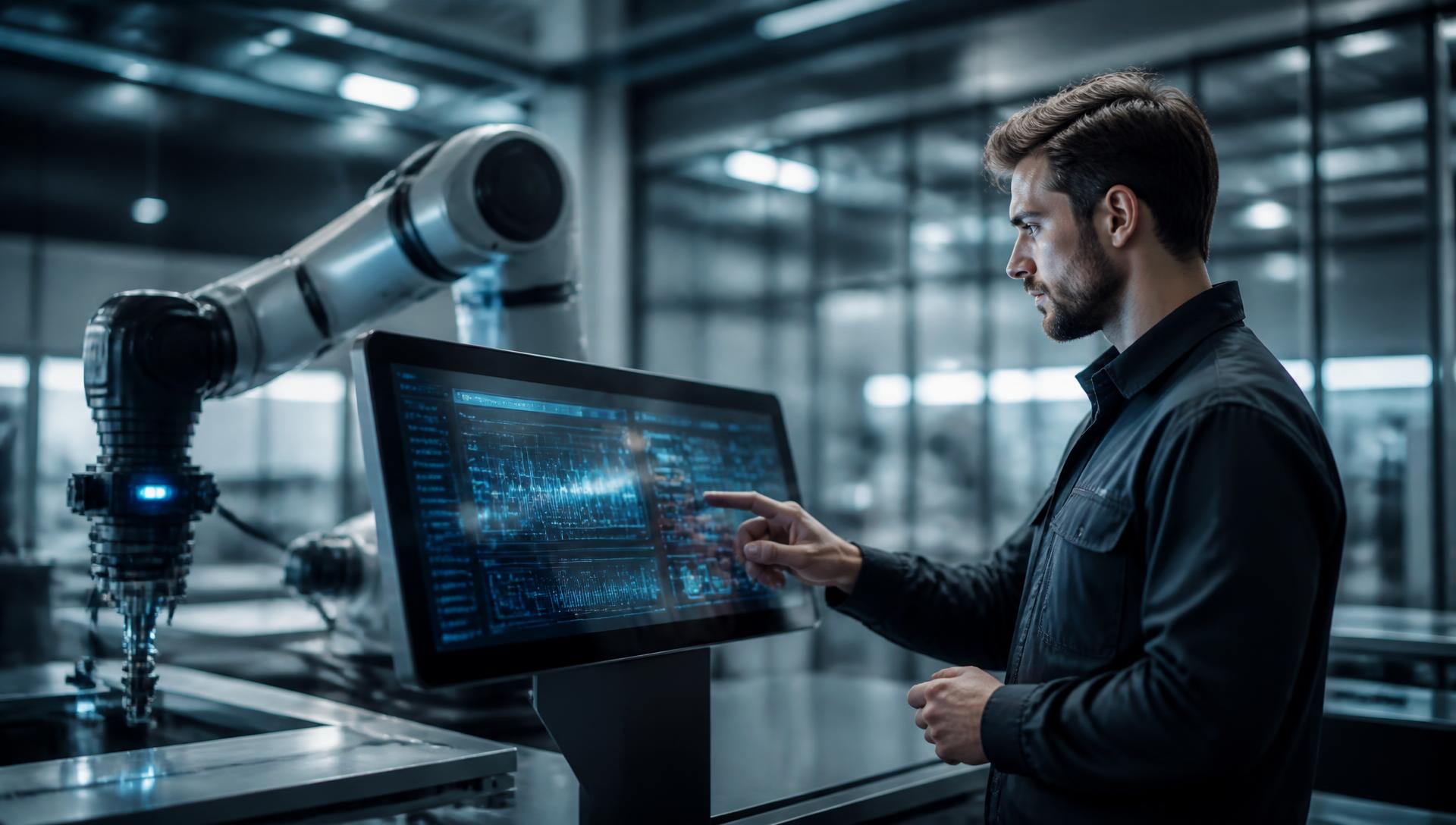 A technician reviewing production data on a touchscreen beside a robotic arm in a modern manufacturing facility