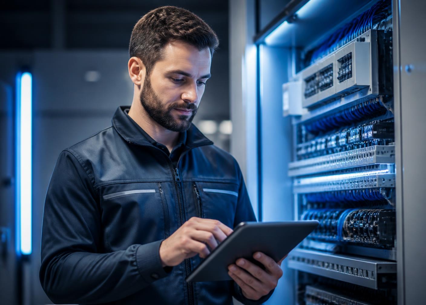 A skilled electrical technician using a tablet at a precision control panel